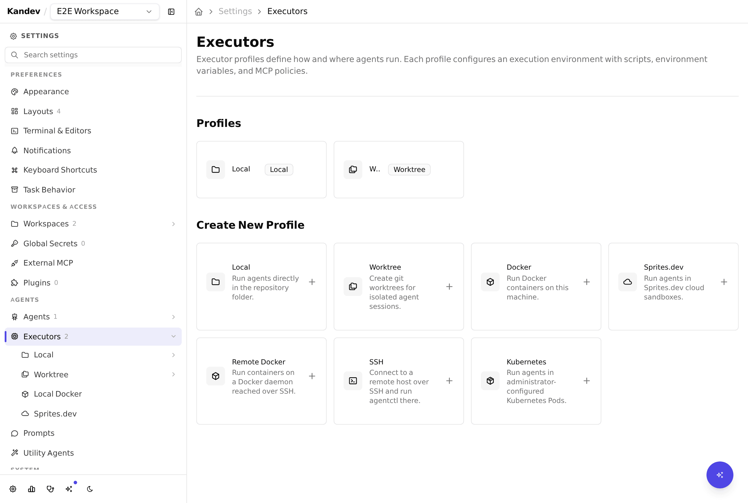 Settings > Executors showing existing Local and Worktree profiles plus Local, Worktree, Docker, Sprites.dev, Remote Docker, SSH, and Kubernetes profile creation options.